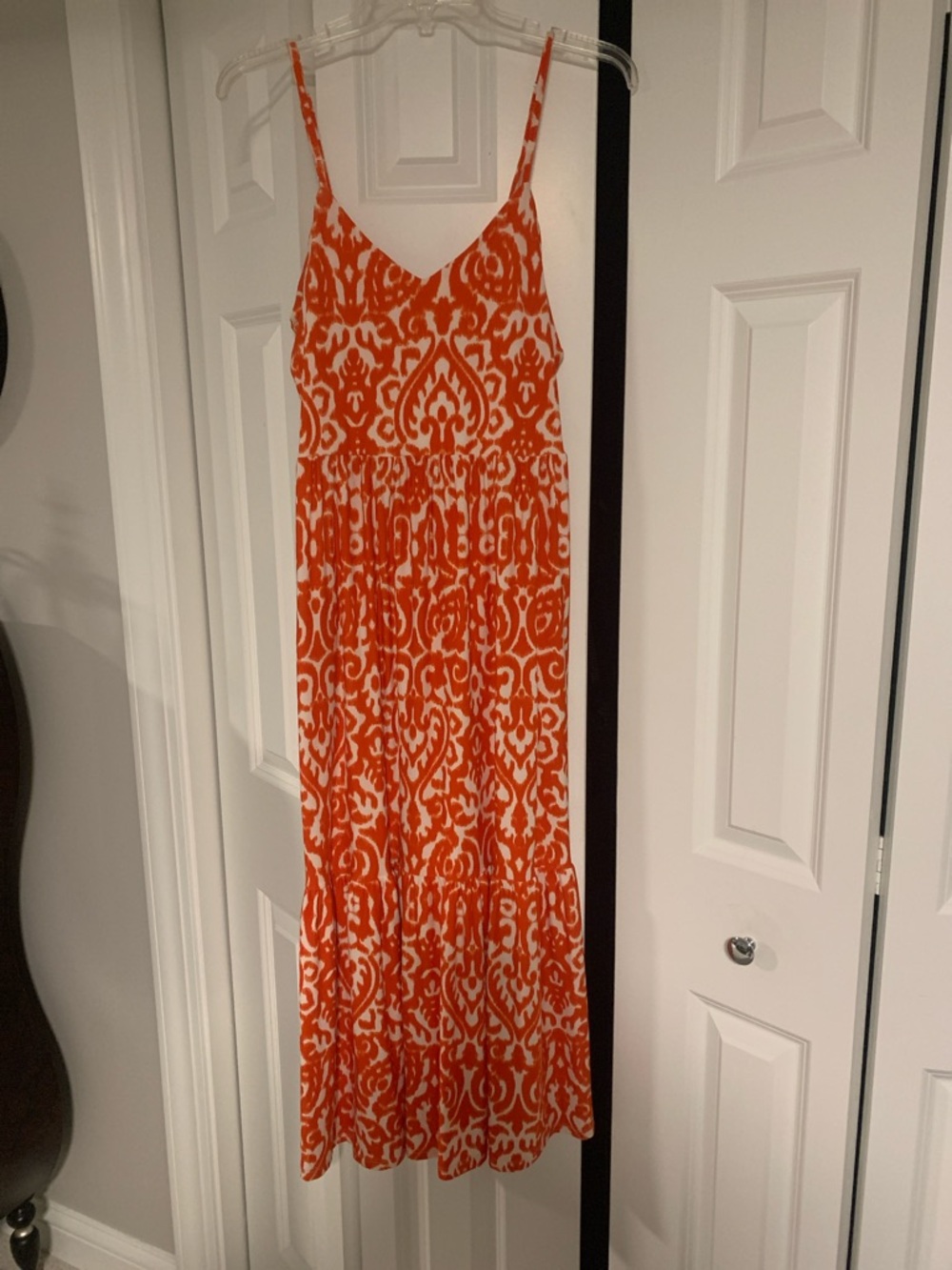 Spaghetti-Strap Orange and White Ikat Maxi Dress